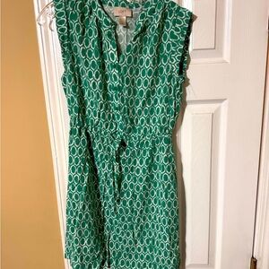 Loft, green geometric sleeveless slip dress with draw belt, size XS